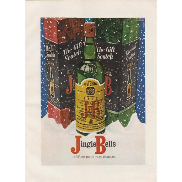 J&B Rare Scotch Whisky Other - J&B Rare Scotch Whisky Jingle Bells Holiday Bar Decor Vintage Print Ad 1970